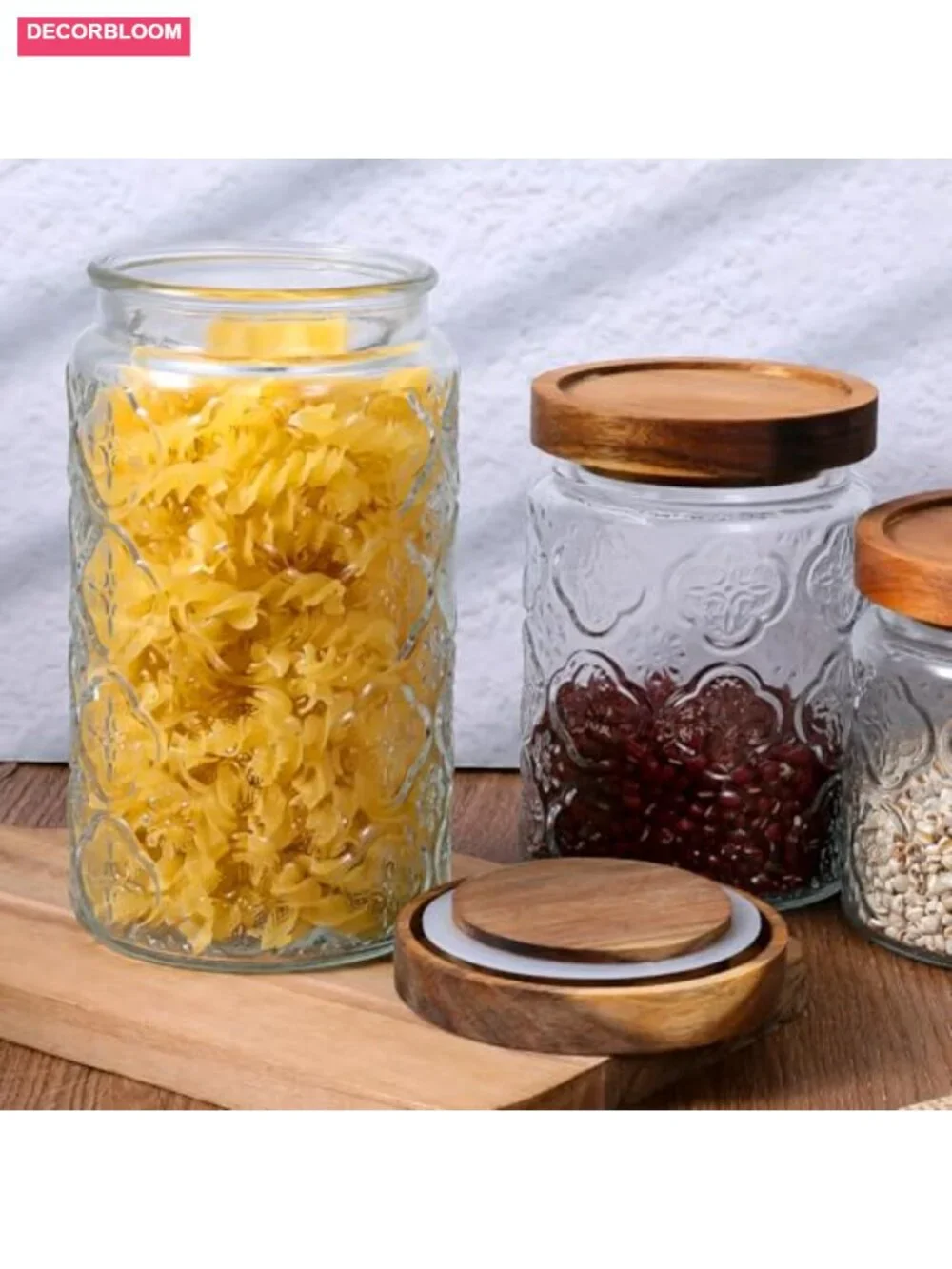 Vintage Glass Food Storage Jars 3-Pack Airtight Wood Lids Kitchen Canisters